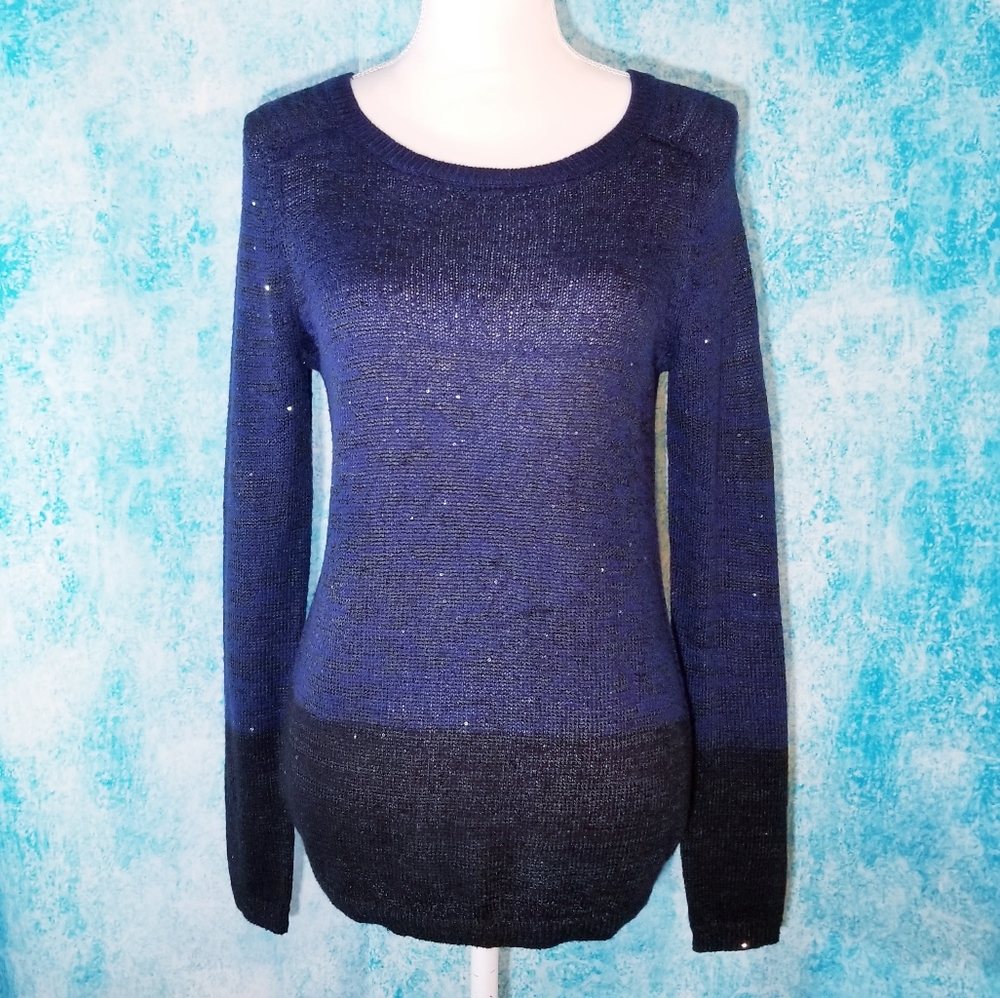 LOFT Blue/Black Sequin Sparkly Knit Sweater